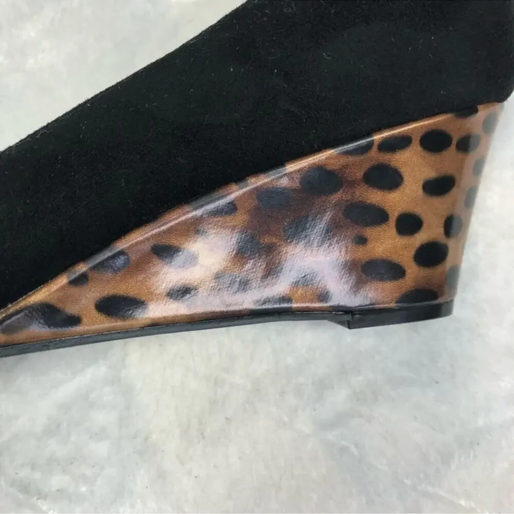 Joan & David Luxe CJ Shayna Black Suede Leopard Wedge Heels 8.5